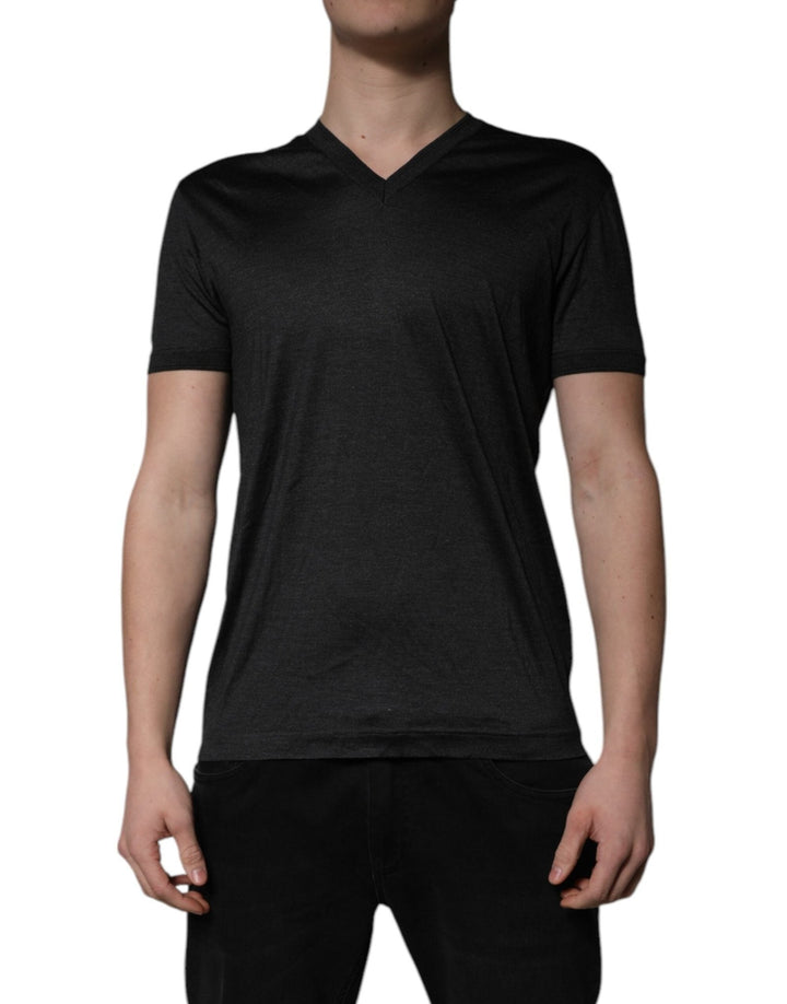 Dolce & Gabbana Dark Gray Silk V-neck Short Sleeves T-shirt - RIMODA