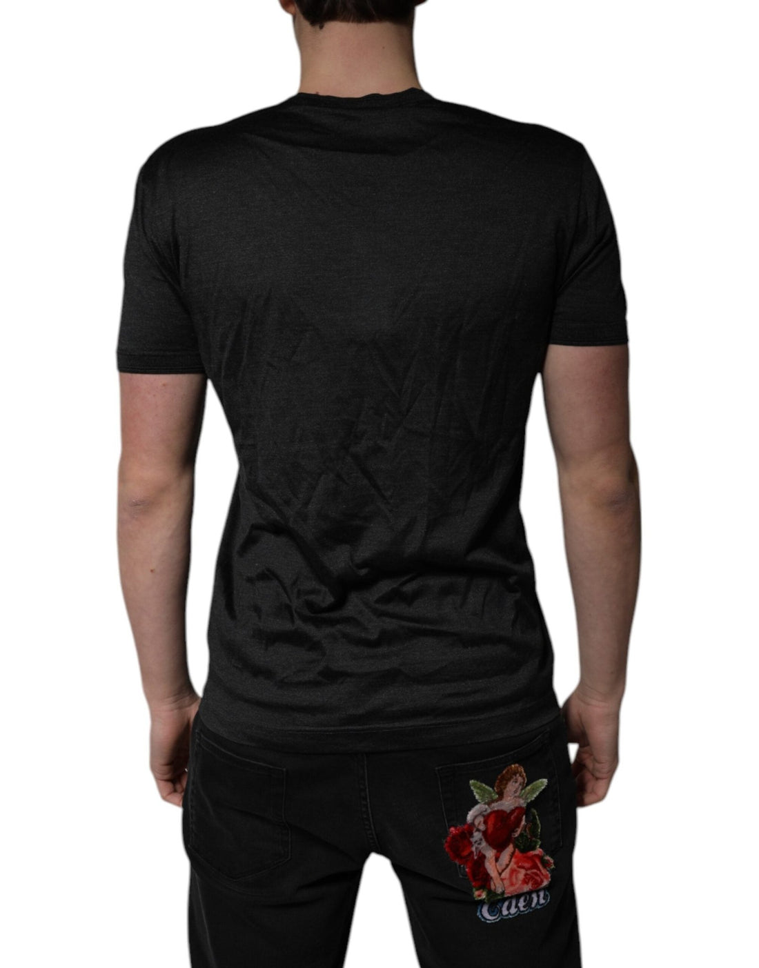 Dolce & Gabbana Dark Gray Silk V-neck Short Sleeves T-shirt - RIMODA