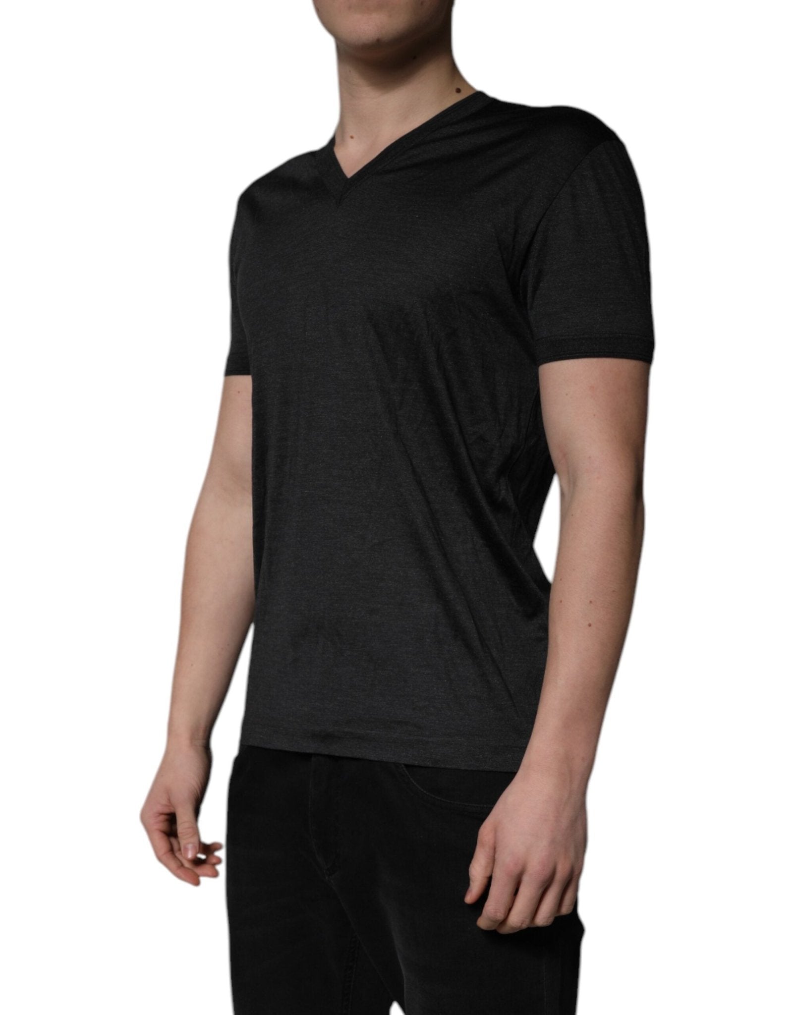 Dolce & Gabbana Dark Gray Silk V-neck Short Sleeves T-shirt - RIMODA