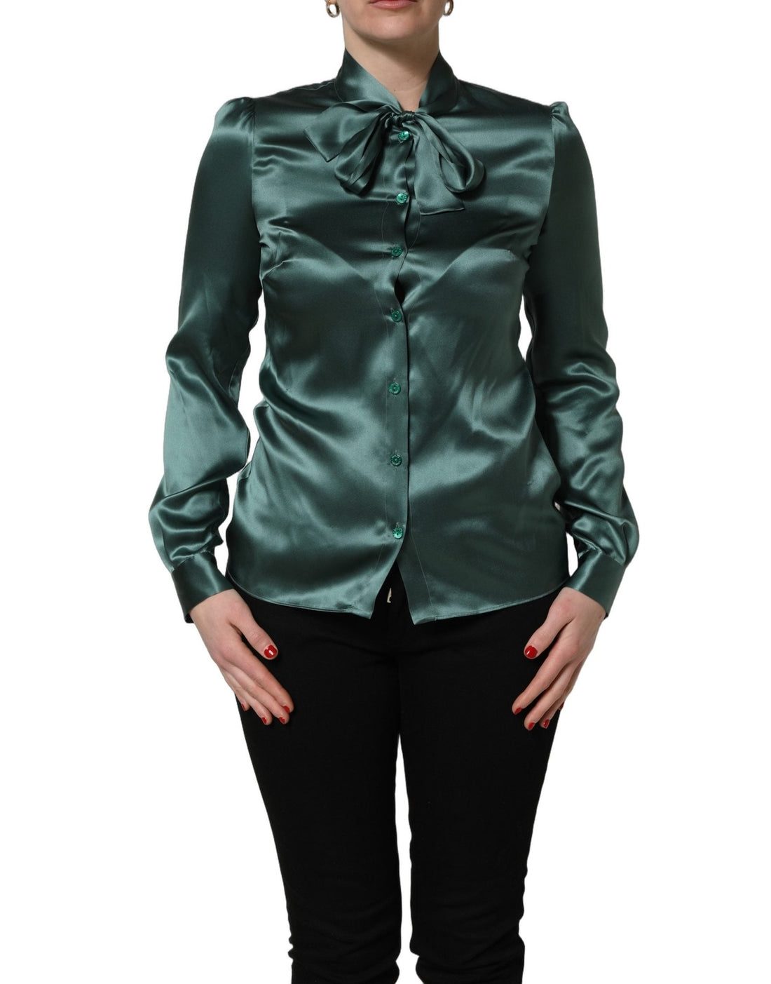 Dolce & Gabbana Dark Green Silk Satin Blouse Neck Tie Top - RIMODA