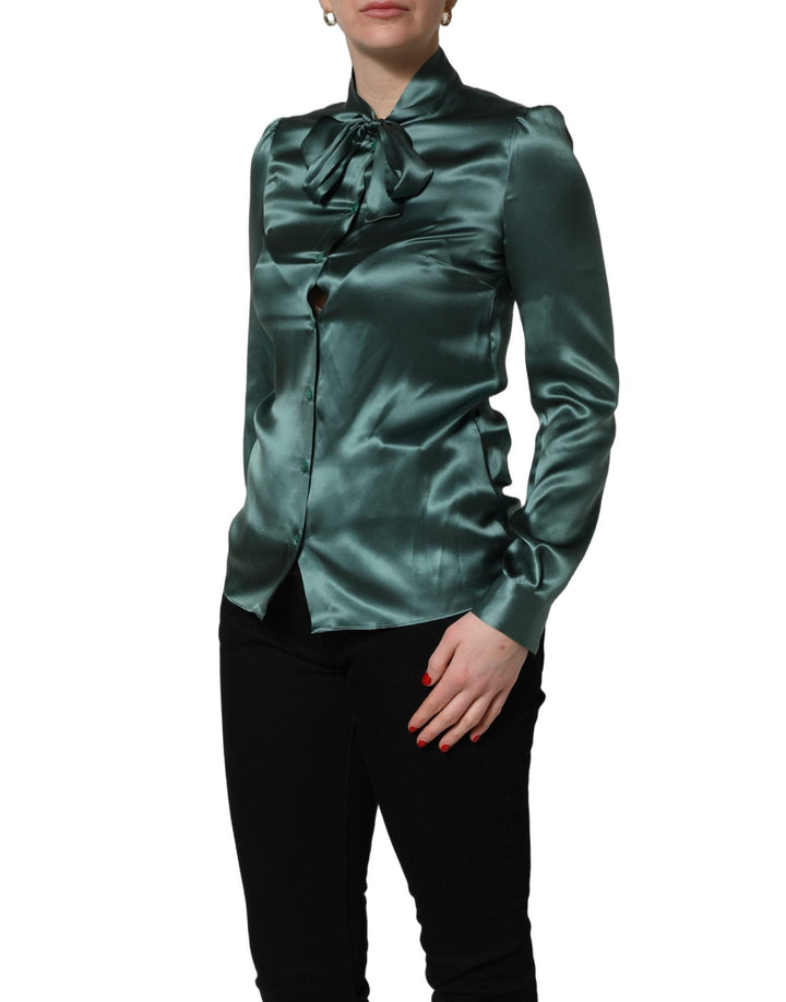 Dolce & Gabbana Dark Green Silk Satin Blouse Neck Tie Top - RIMODA