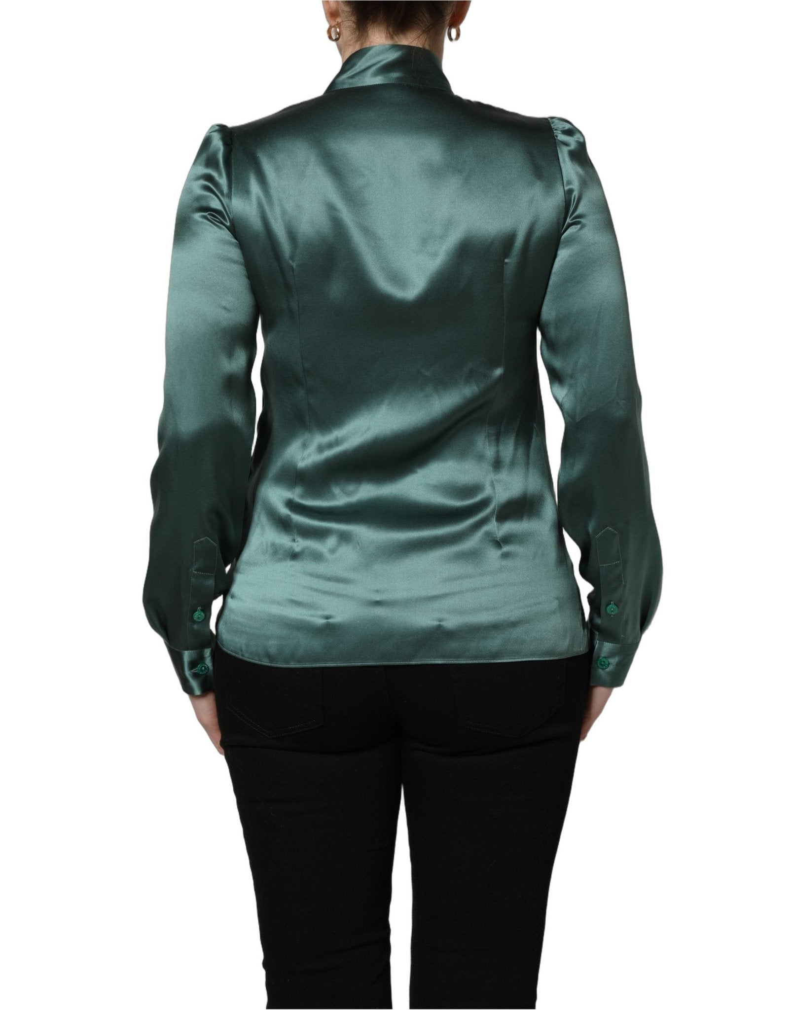 Dolce & Gabbana Dark Green Silk Satin Blouse Neck Tie Top - RIMODA