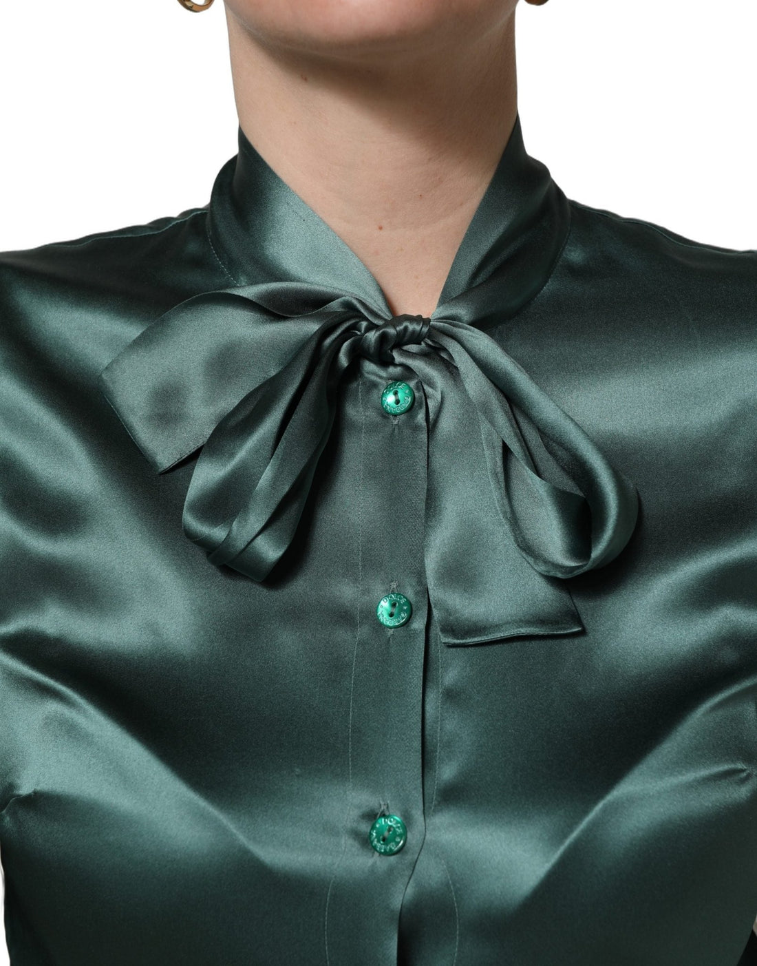 Dolce & Gabbana Dark Green Silk Satin Blouse Neck Tie Top - RIMODA