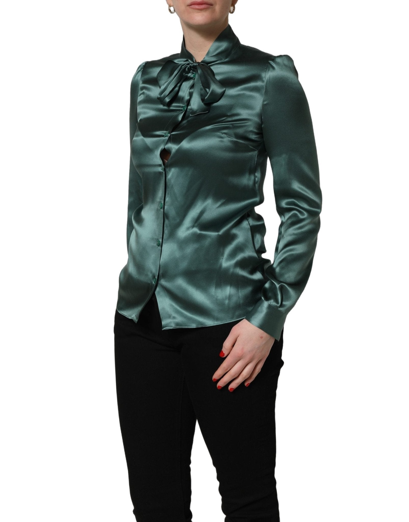 Dolce & Gabbana Dark Green Silk Satin Blouse Neck Tie Top - RIMODA