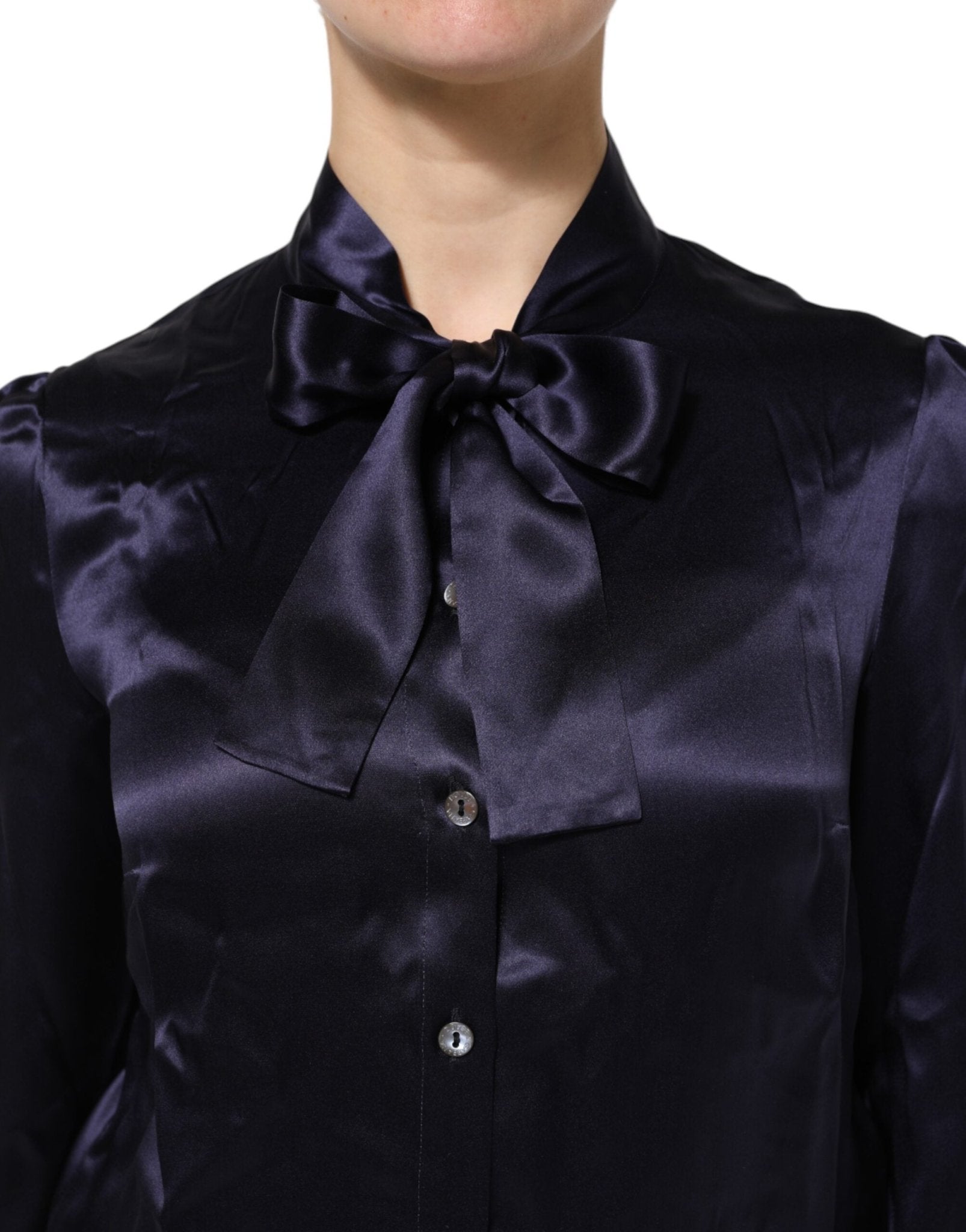 Dolce & Gabbana Dark Purple Silk Ascot Collared Blouse Top - RIMODA