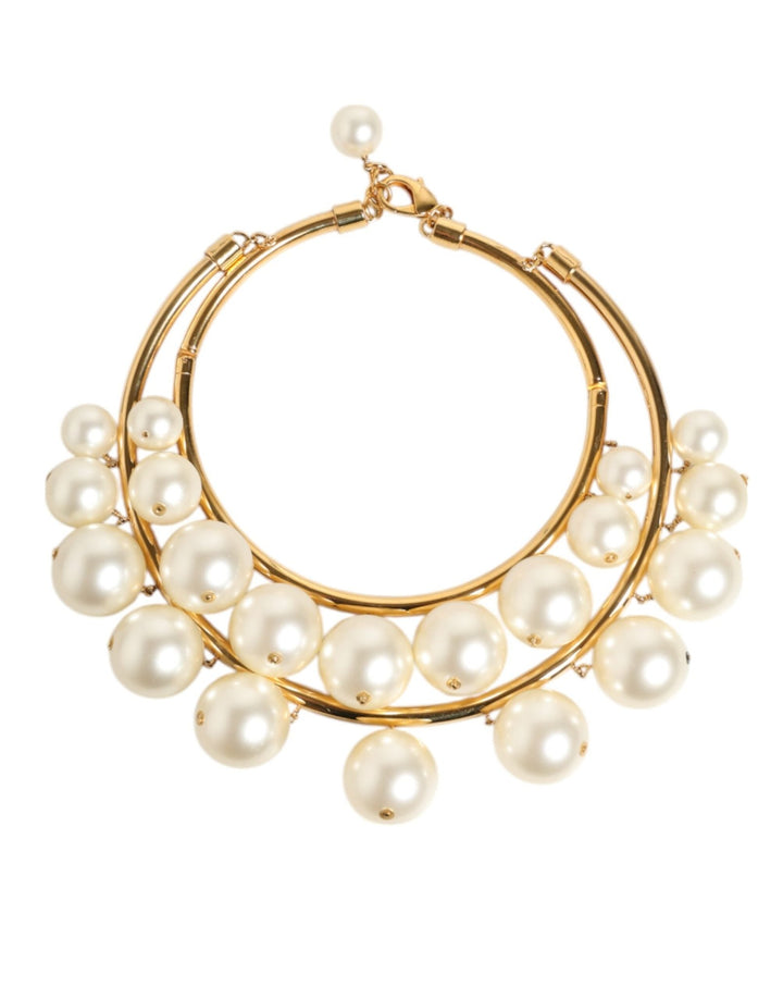 Dolce & Gabbana Gold Brass Faux Pearl Crystal Statement Luxury Jewelry Necklace - RIMODA