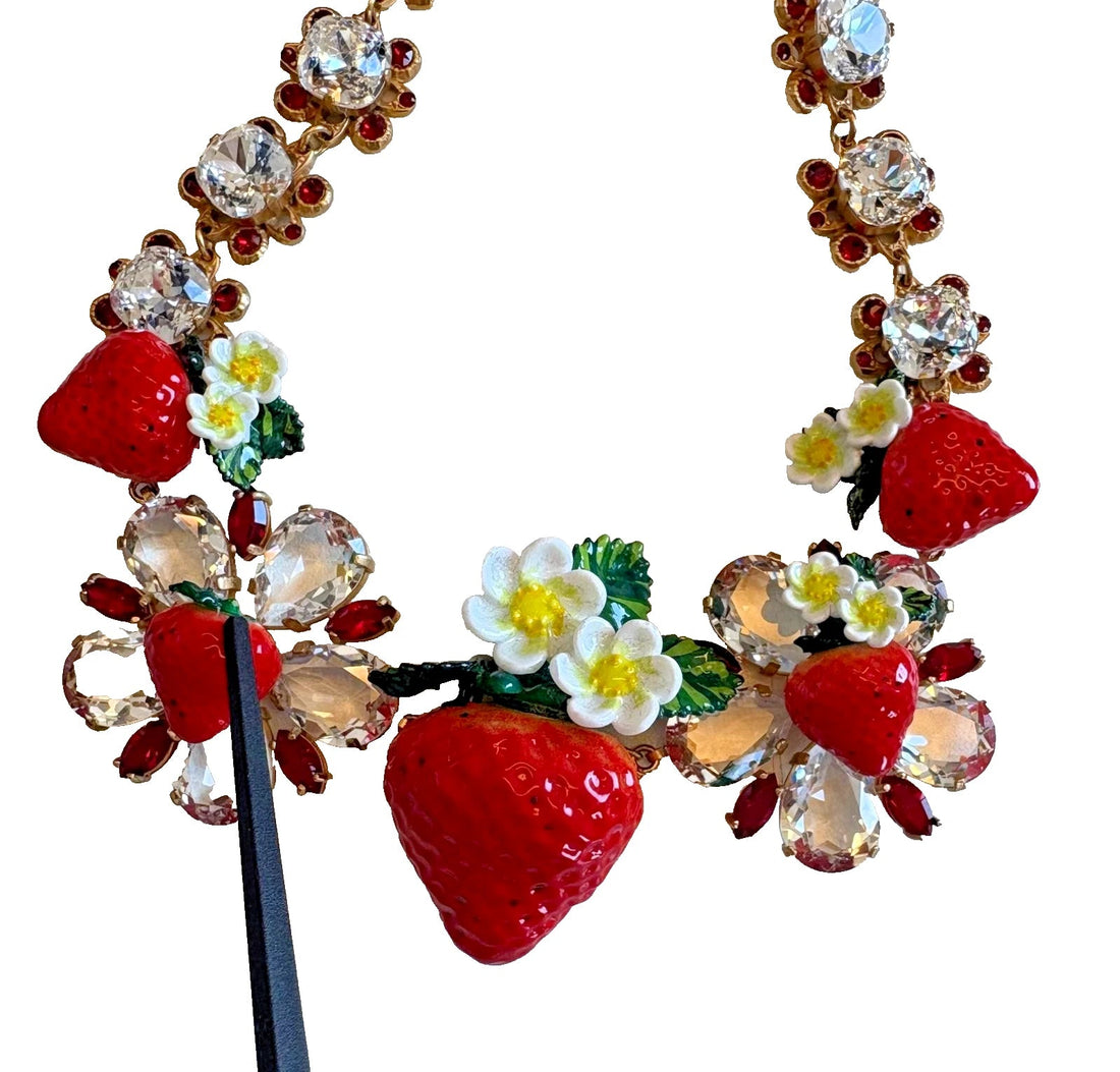 Dolce & Gabbana Gold Brass FRUIT Pendants Flowers Crystal Logo Necklace - RIMODA