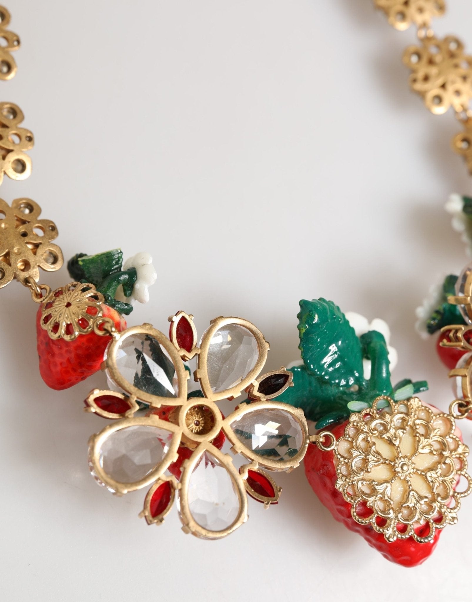 Dolce & Gabbana Gold Brass FRUIT Pendants Flowers Crystal Logo Necklace - RIMODA