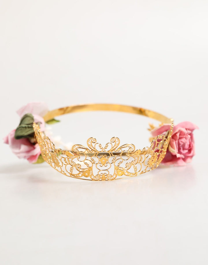 Dolce & Gabbana Gold Floral Tiara Pink Roses Crystal Crown Headband - RIMODA