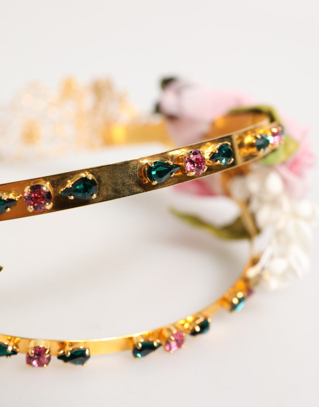 Dolce & Gabbana Gold Floral Tiara Pink Roses Crystal Crown Headband - RIMODA