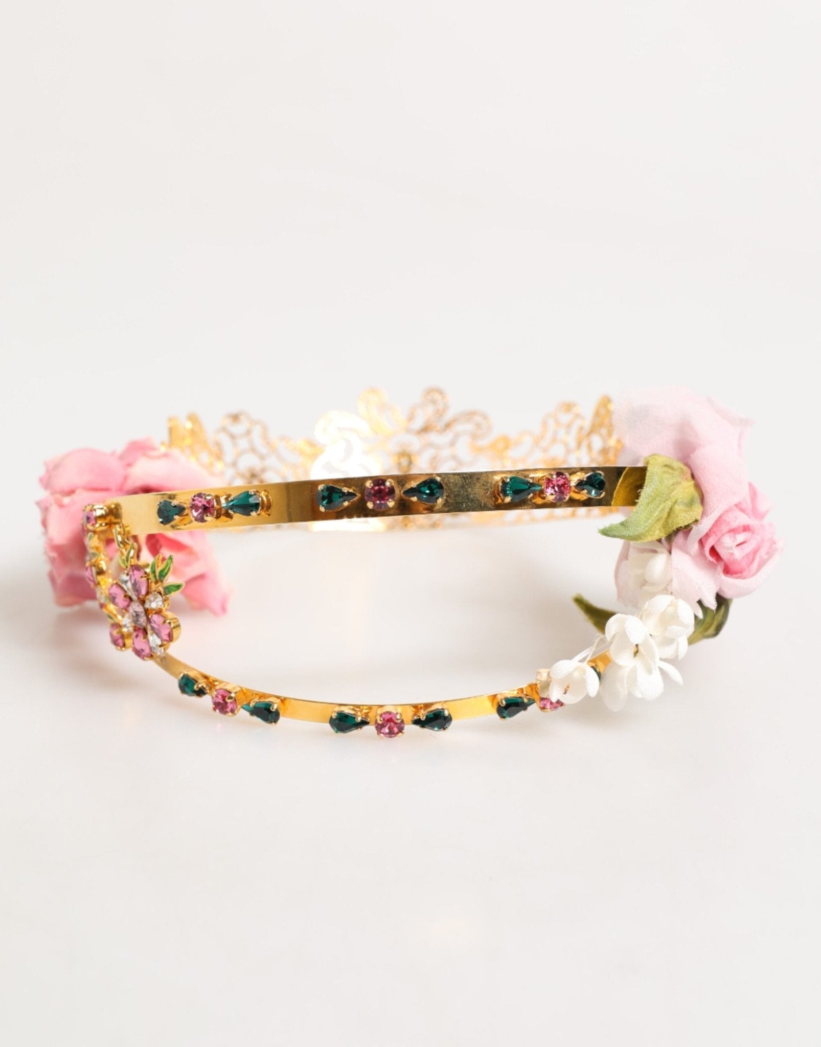 Dolce & Gabbana Gold Floral Tiara Pink Roses Crystal Crown Headband - RIMODA
