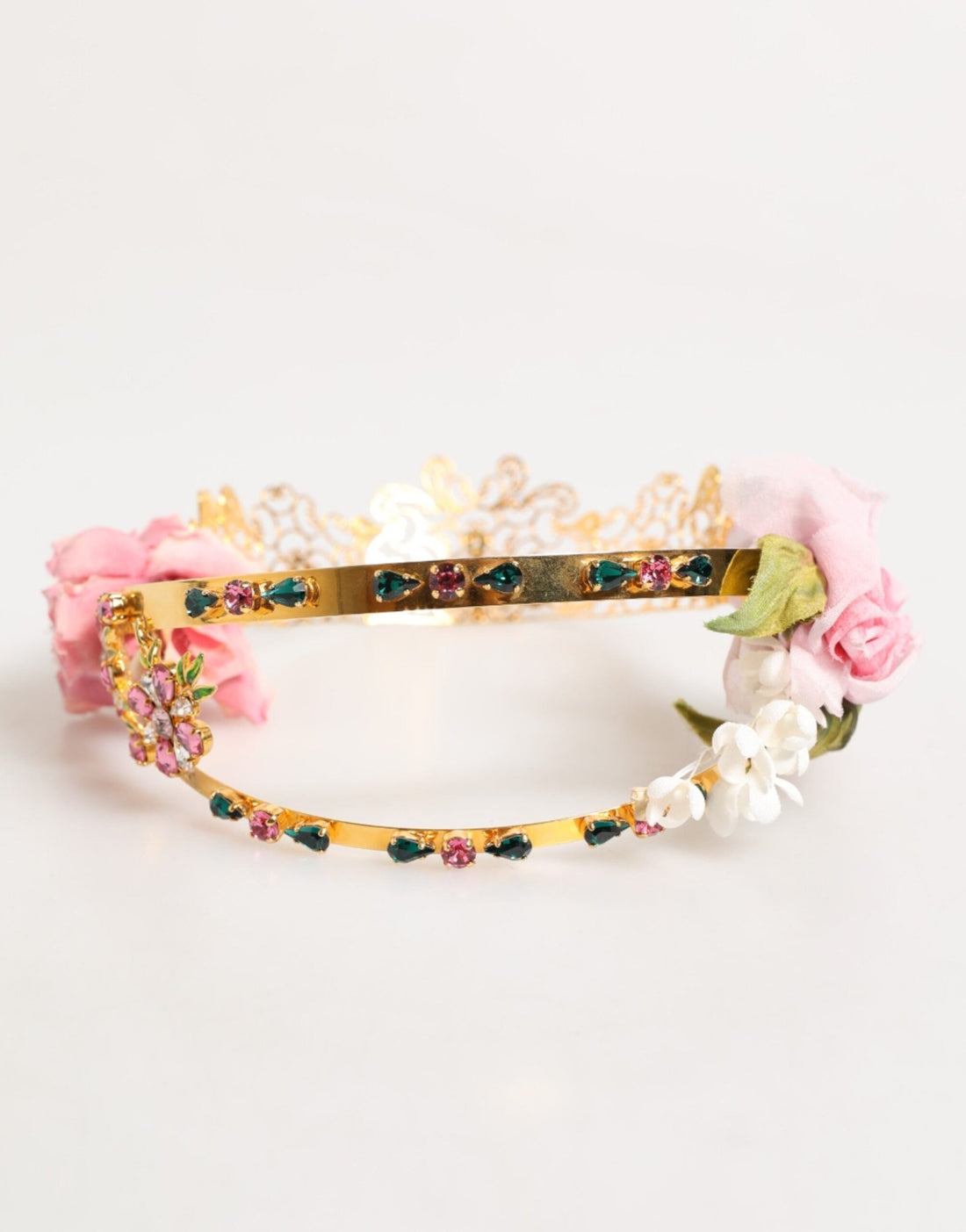 Dolce & Gabbana Gold Floral Tiara Pink Roses Crystal Crown Headband - RIMODA