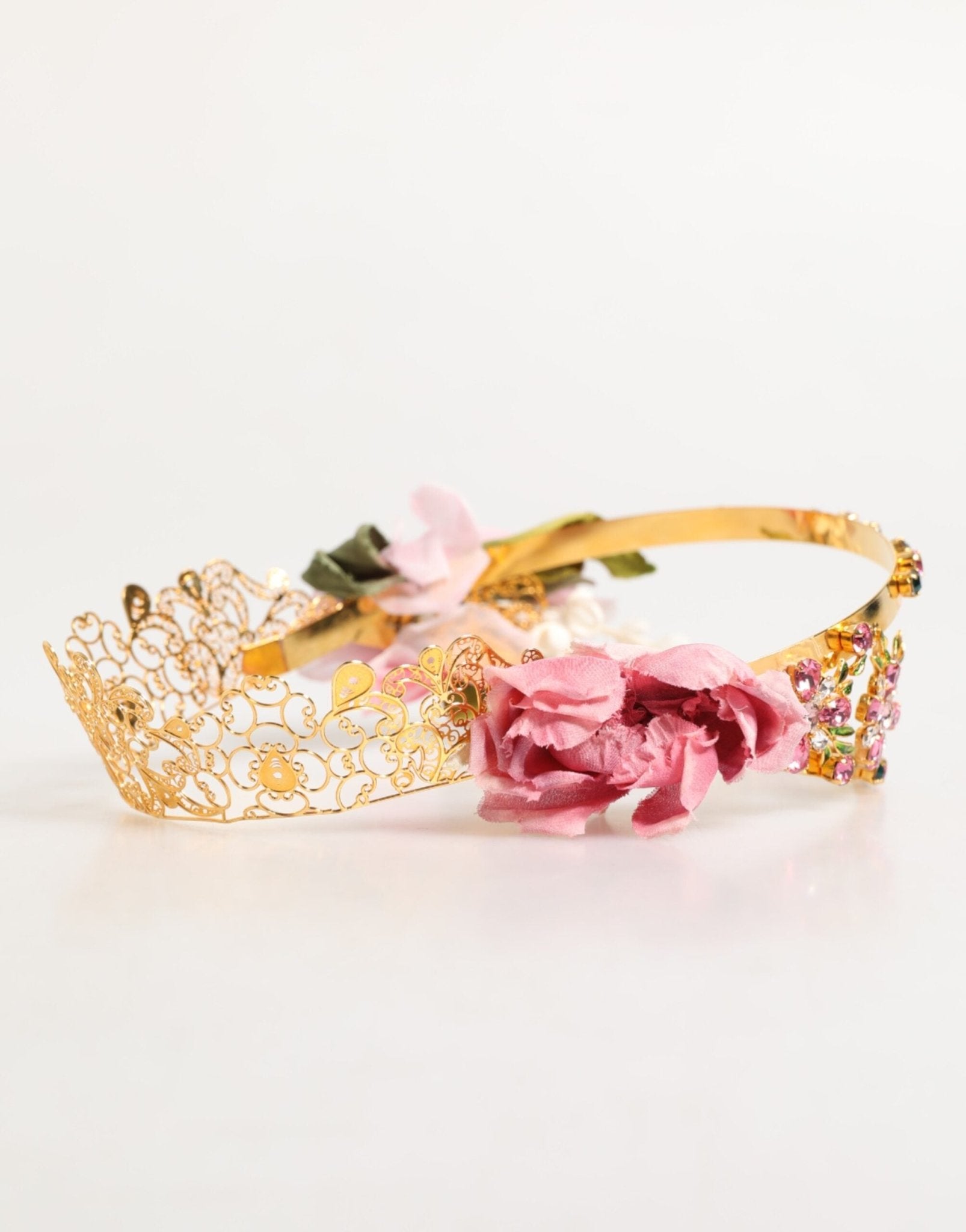 Dolce & Gabbana Gold Floral Tiara Pink Roses Crystal Crown Headband - RIMODA