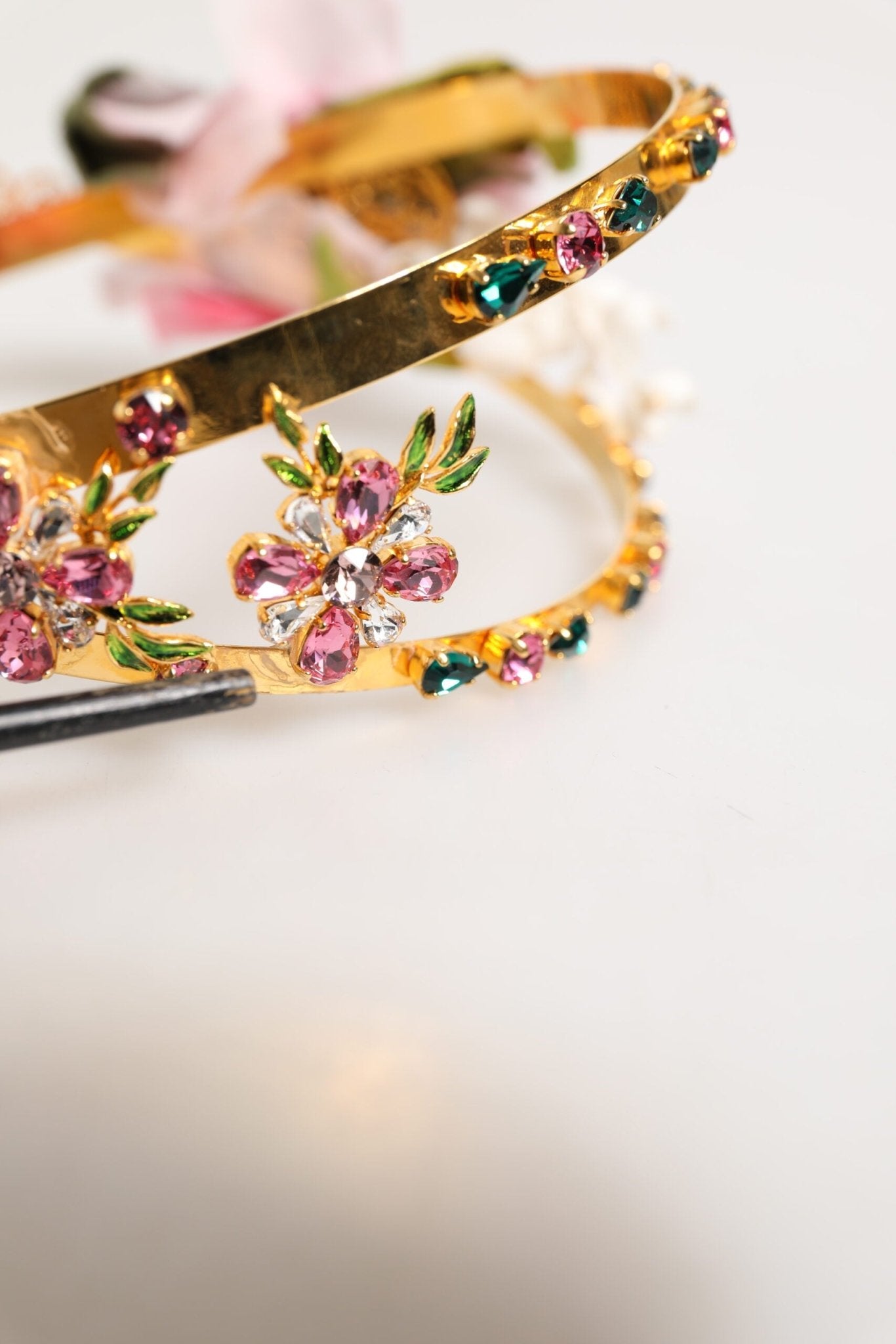 Dolce & Gabbana Gold Floral Tiara Pink Roses Crystal Crown Headband - RIMODA