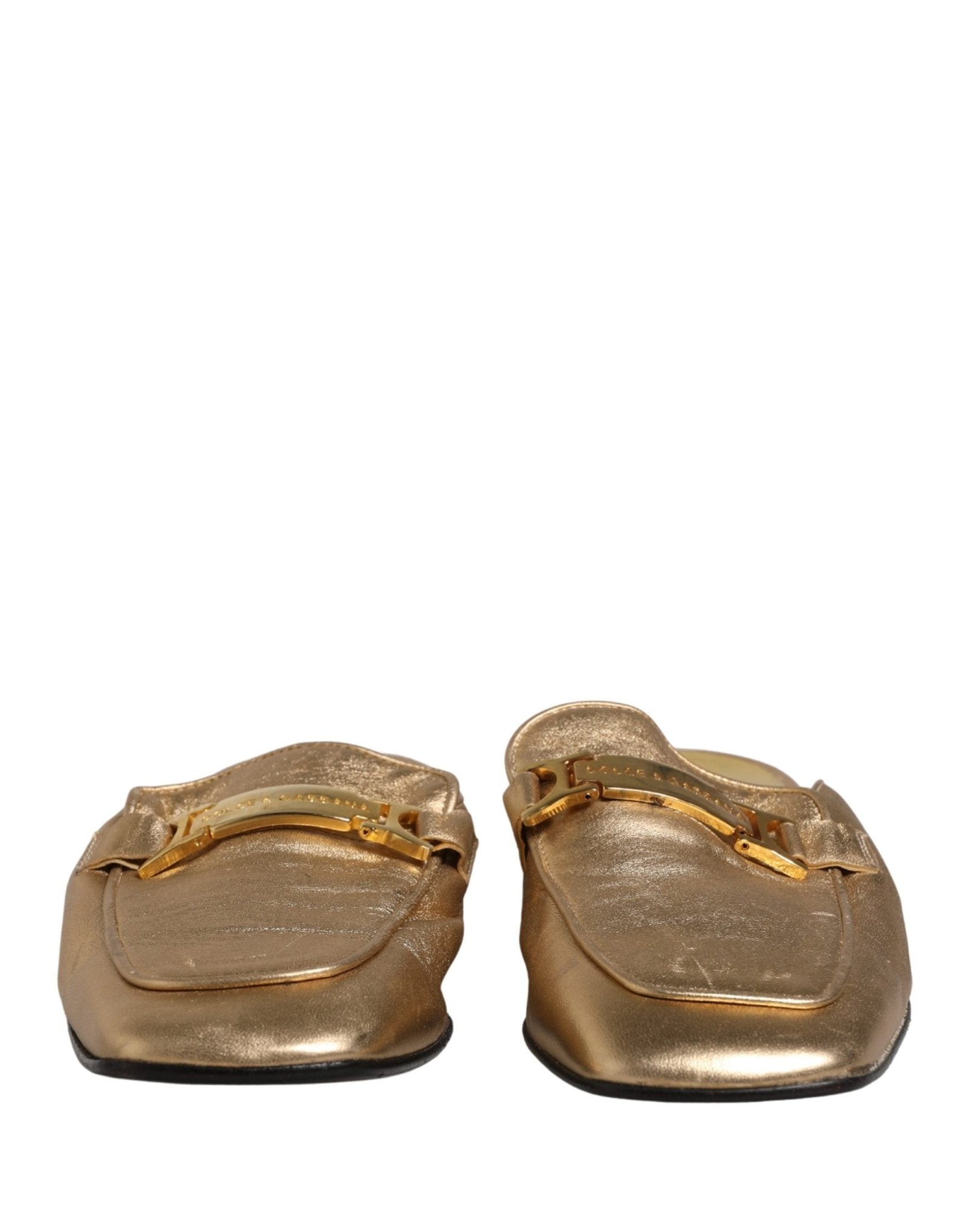 Dolce & Gabbana Gold Leather Flats Slides Mule Loafers Shoes - RIMODA