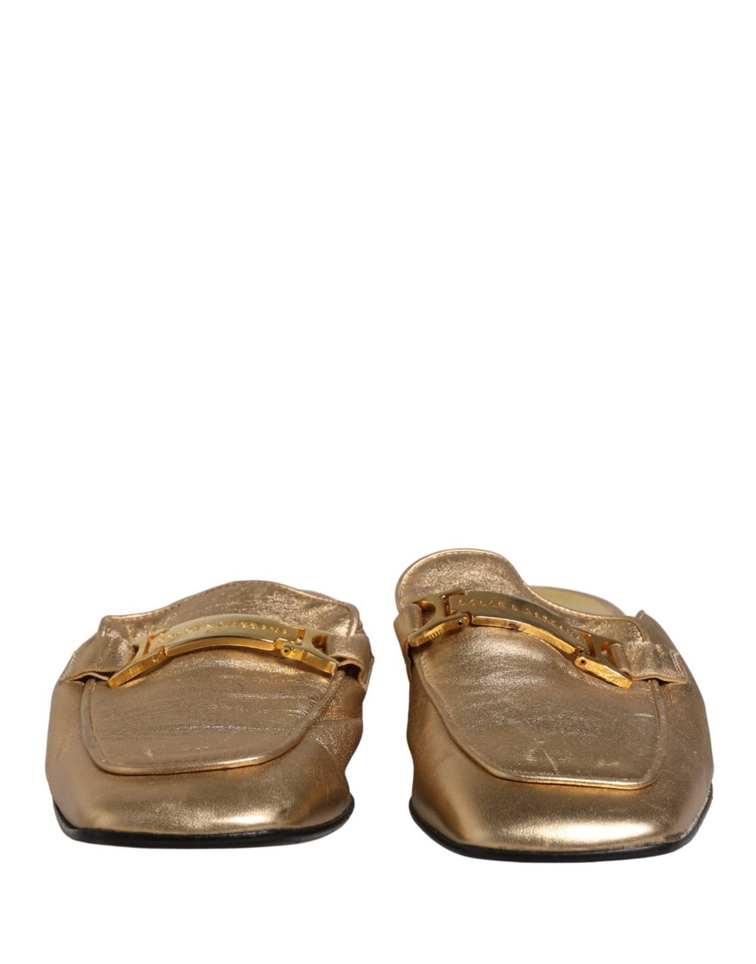 Dolce & Gabbana Gold Leather Flats Slides Mule Loafers Shoes - RIMODA