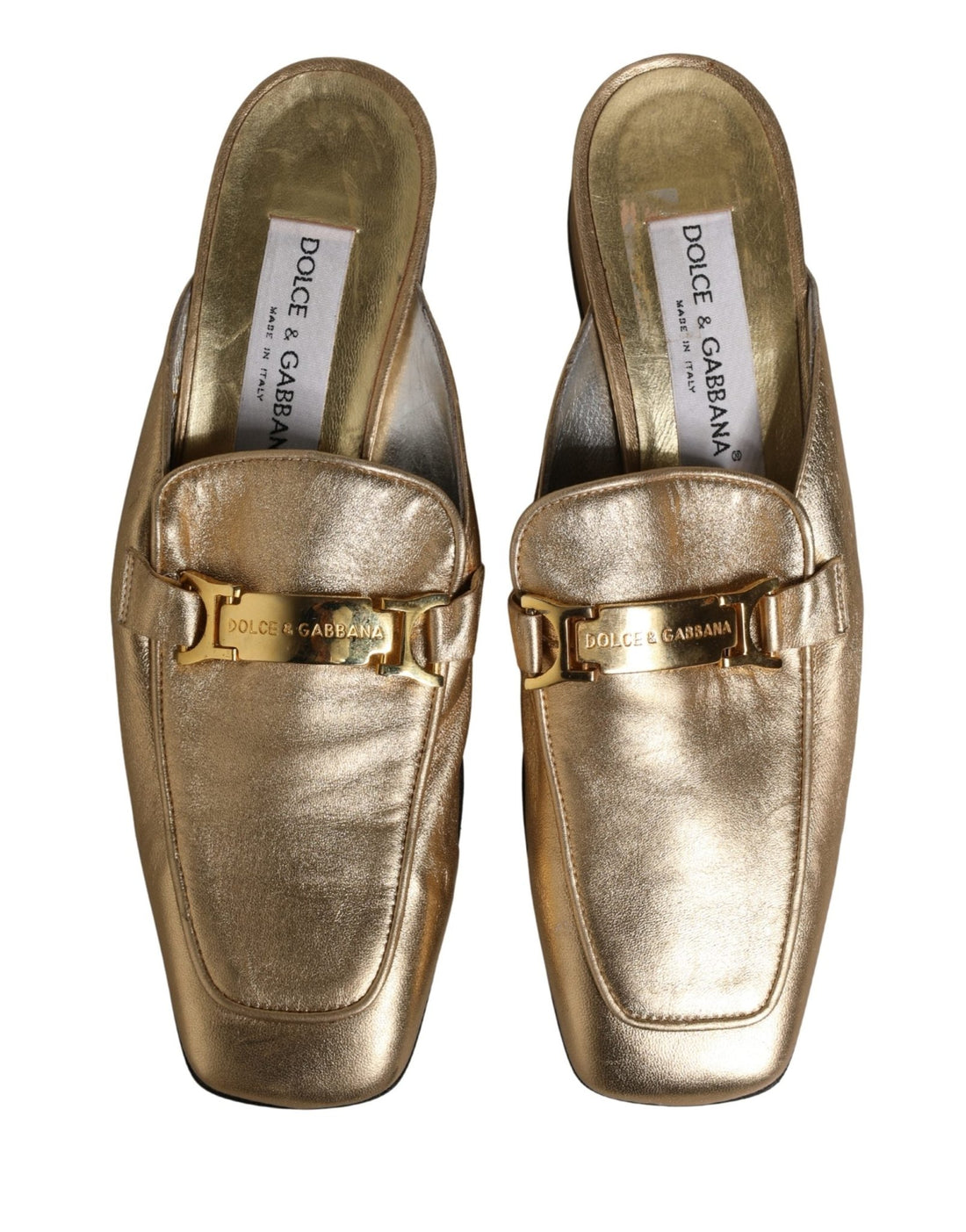 Dolce & Gabbana Gold Leather Flats Slides Mule Loafers Shoes - RIMODA