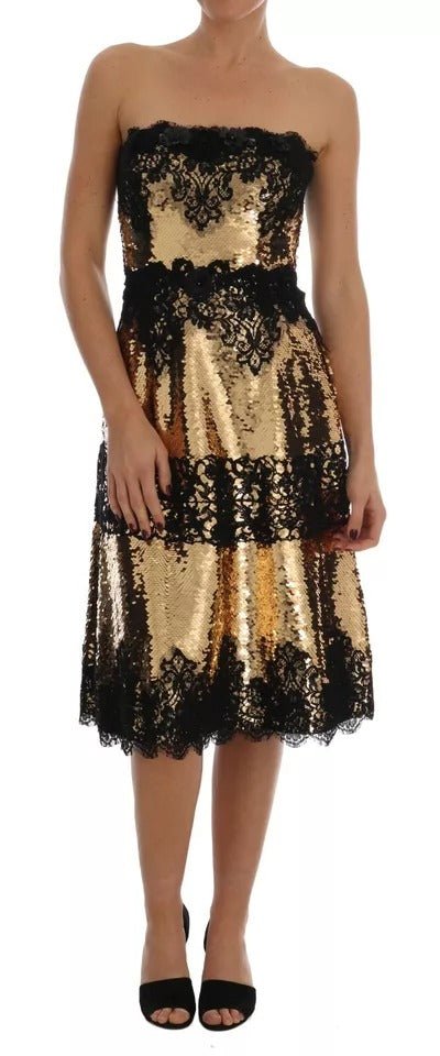 Dolce & Gabbana Gold Strapless Sequin Embellished Lace Dress - RIMODA