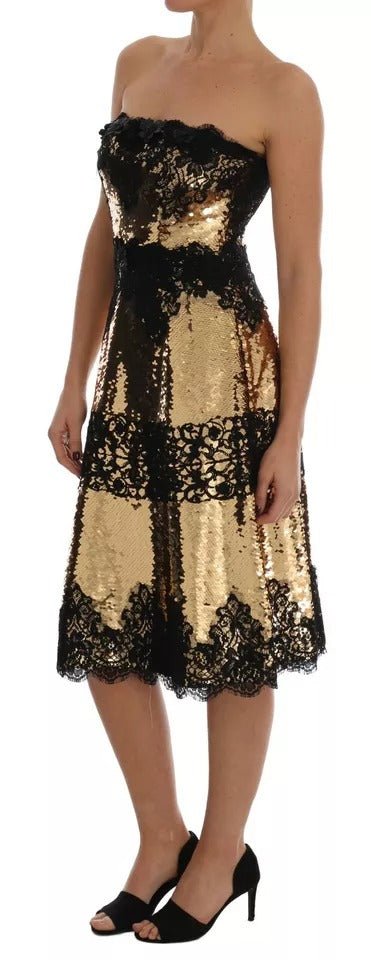 Dolce & Gabbana Gold Strapless Sequin Embellished Lace Dress - RIMODA