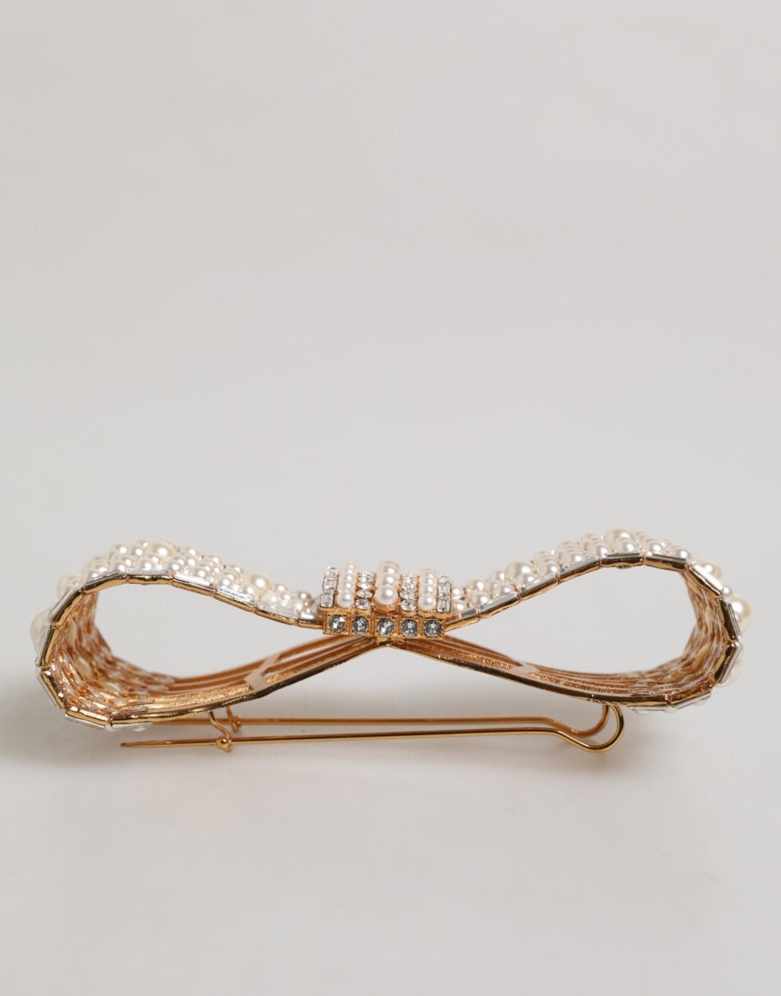 Dolce & Gabbana Gold Tone Brass Bow Crystal Faux Pearl Embellished Brooch - RIMODA
