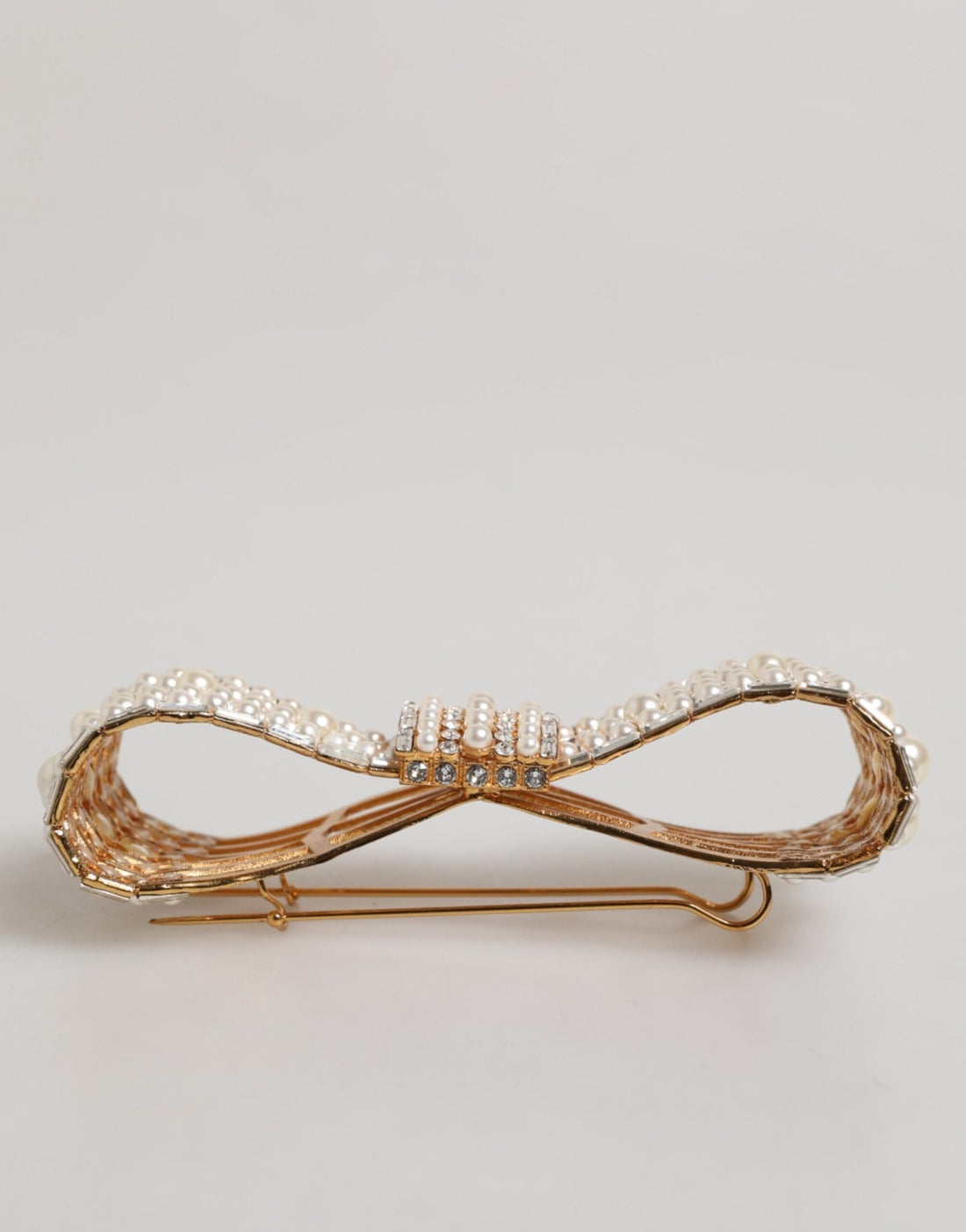 Dolce & Gabbana Gold Tone Brass Bow Crystal Faux Pearl Embellished Brooch - RIMODA