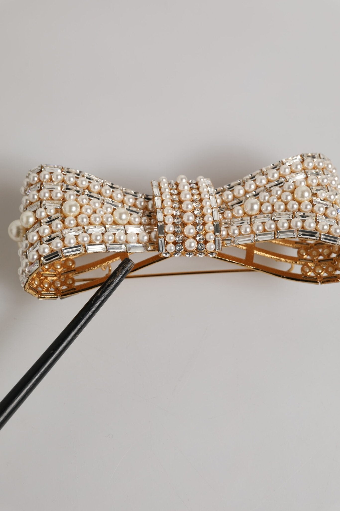 Dolce & Gabbana Gold Tone Brass Bow Crystal Faux Pearl Embellished Brooch - RIMODA