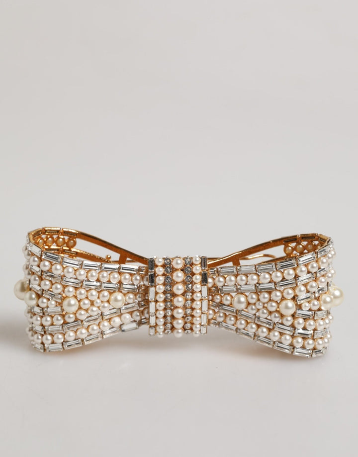 Dolce & Gabbana Gold Tone Brass Bow Crystal Faux Pearl Embellished Brooch - RIMODA