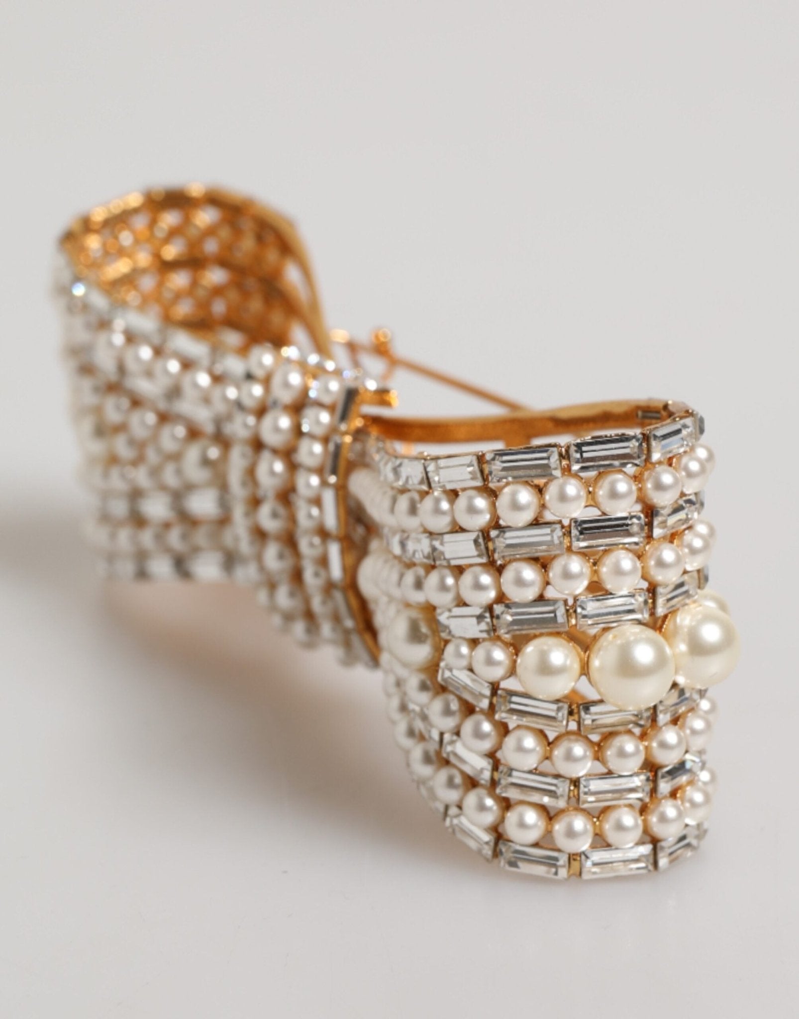 Dolce & Gabbana Gold Tone Brass Bow Crystal Faux Pearl Embellished Brooch - RIMODA