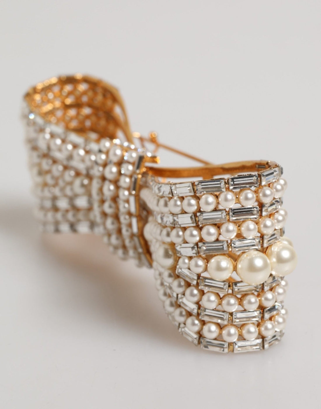 Dolce & Gabbana Gold Tone Brass Bow Crystal Faux Pearl Embellished Brooch - RIMODA