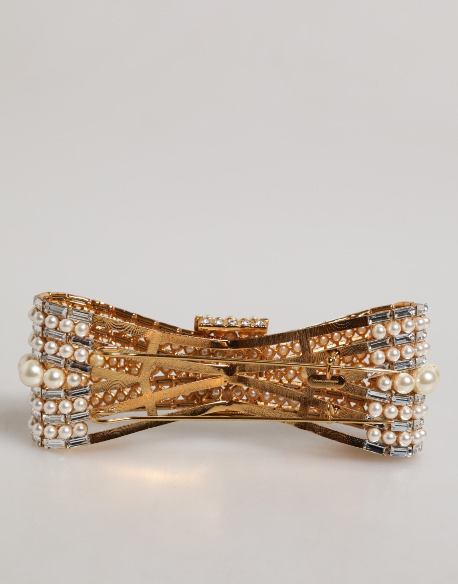 Dolce & Gabbana Gold Tone Brass Bow Crystal Faux Pearl Embellished Brooch - RIMODA