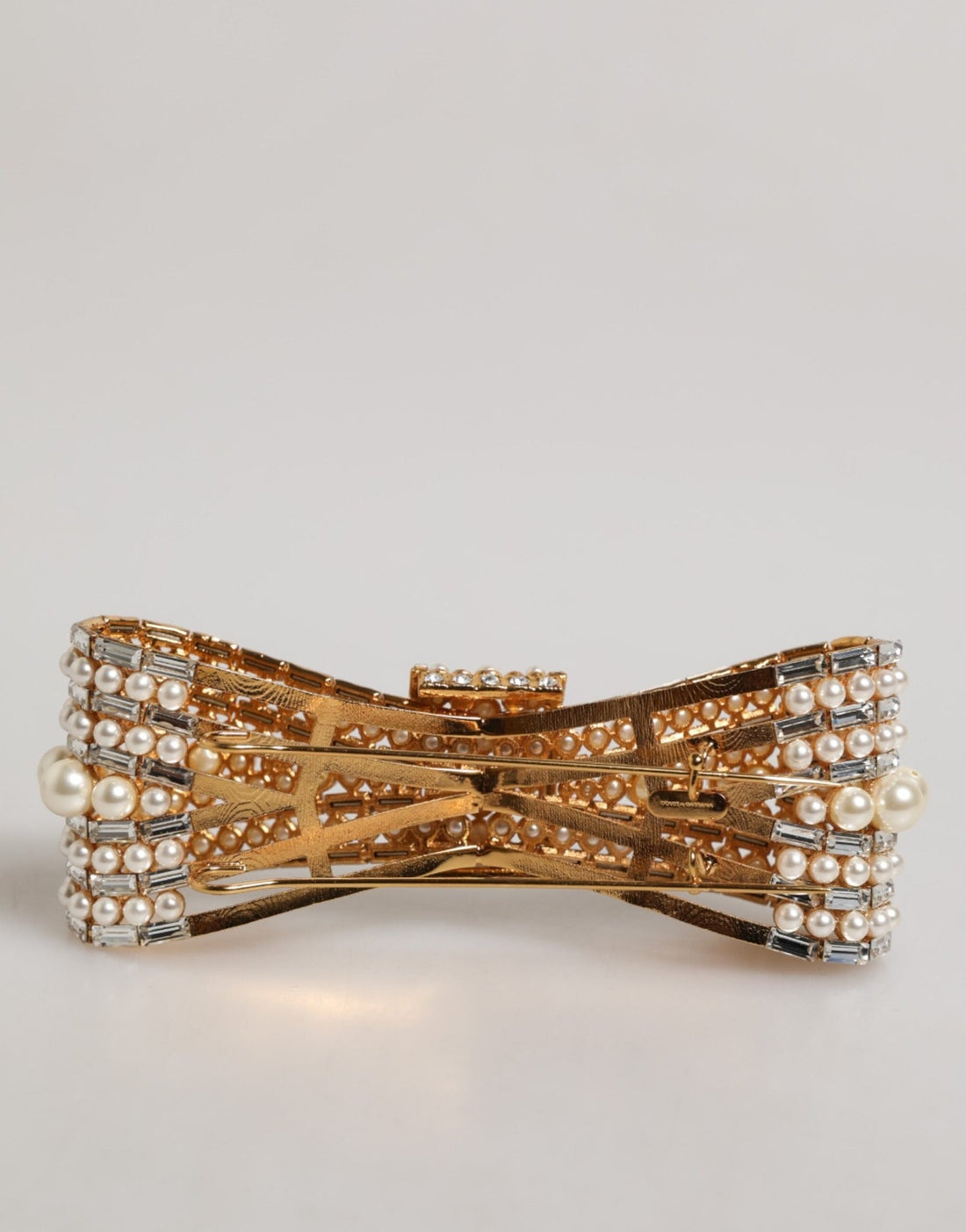 Dolce & Gabbana Gold Tone Brass Bow Crystal Faux Pearl Embellished Brooch - RIMODA