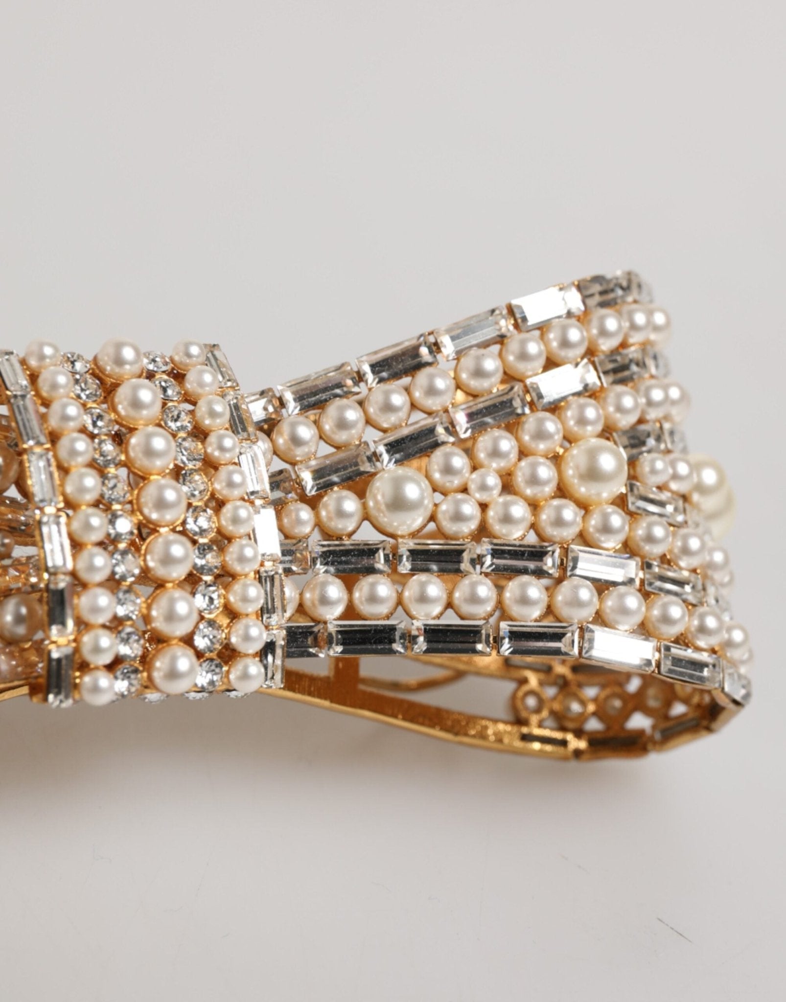 Dolce & Gabbana Gold Tone Brass Bow Crystal Faux Pearl Embellished Brooch - RIMODA