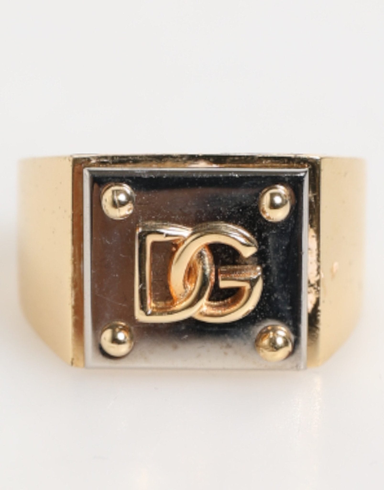Dolce & Gabbana Gold Tone Brass Signet Square DG Logo Plaque Men Ring - RIMODA