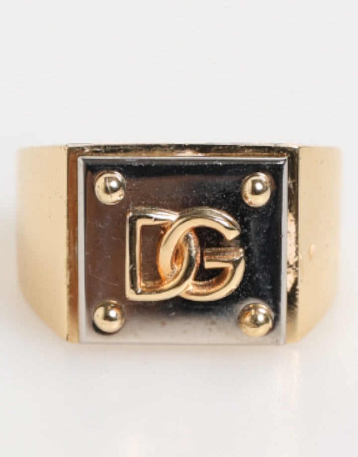 Dolce & Gabbana Gold Tone Brass Signet Square DG Logo Plaque Men Ring - RIMODA