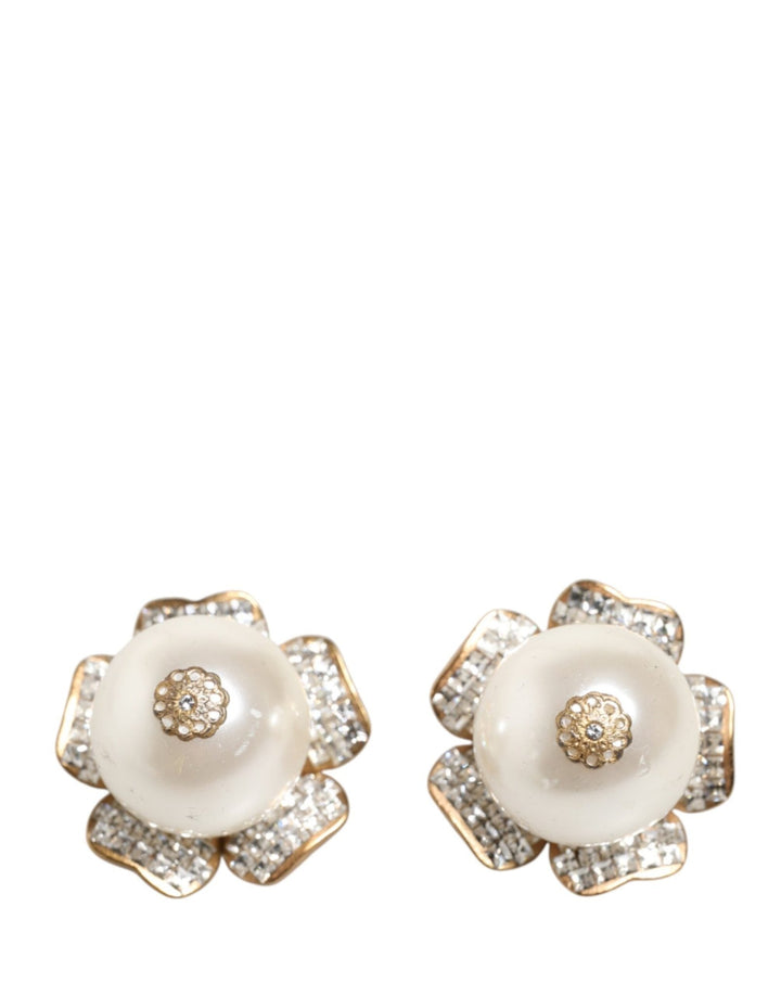 Dolce & Gabbana Gold Tone Maxi Faux Pearl Floral Clip-on Jewelry Earrings - RIMODA