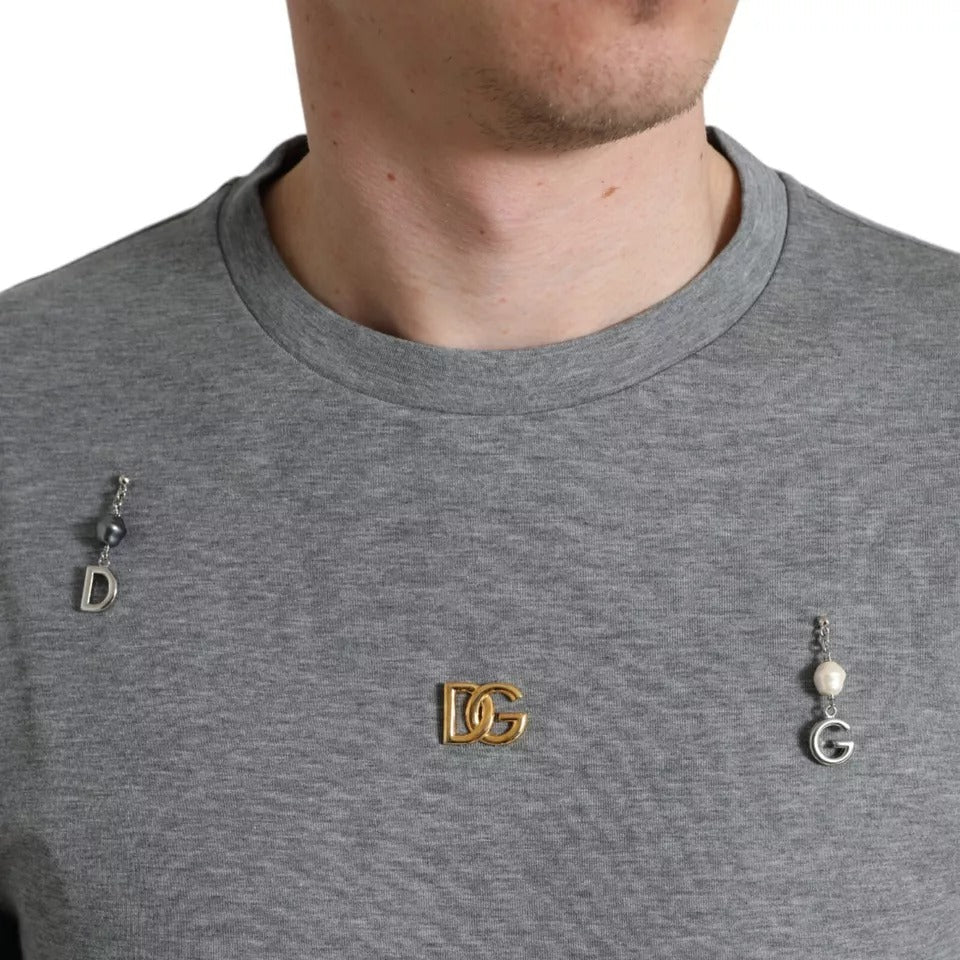 Dolce & Gabbana Gray Cotton Embellished Crew Neck T-shirt - RIMODA