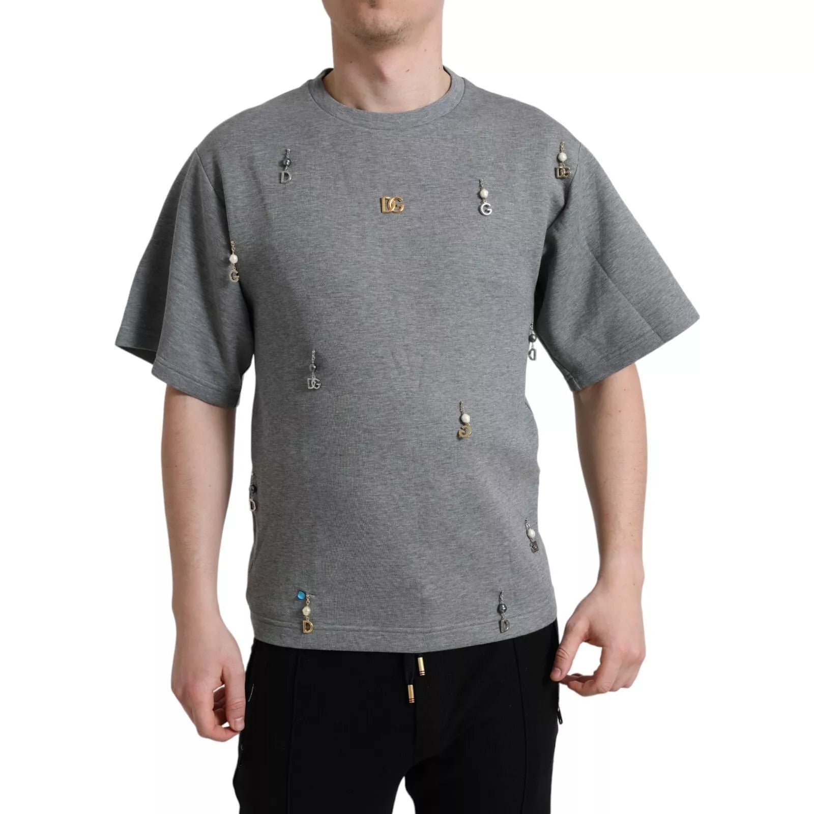 Dolce & Gabbana Gray Cotton Embellished Crew Neck T-shirt - RIMODA