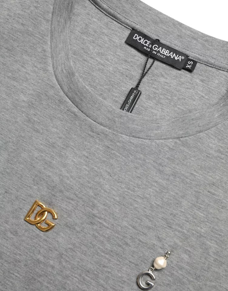 Dolce & Gabbana Gray Cotton Embellished Crew Neck T-shirt - RIMODA