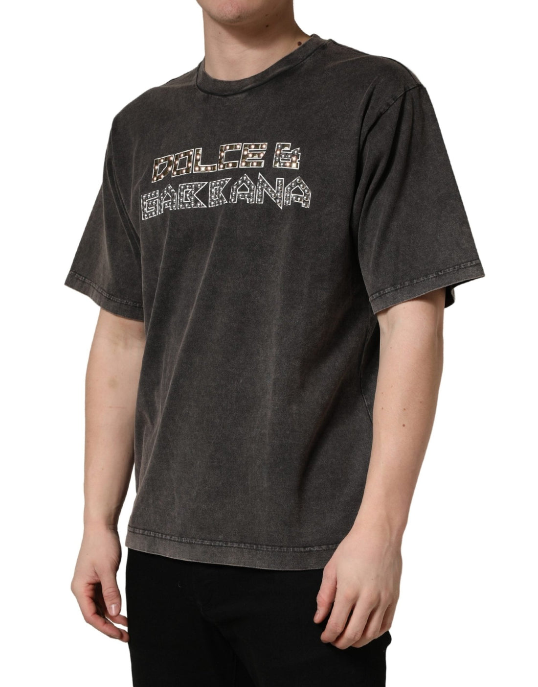 Dolce & Gabbana Gray Logo Embellished Men Crew Neck T-shirt - RIMODA