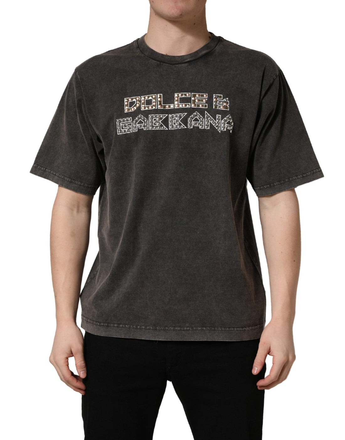 Dolce & Gabbana Gray Logo Embellished Men Crew Neck T-shirt - RIMODA