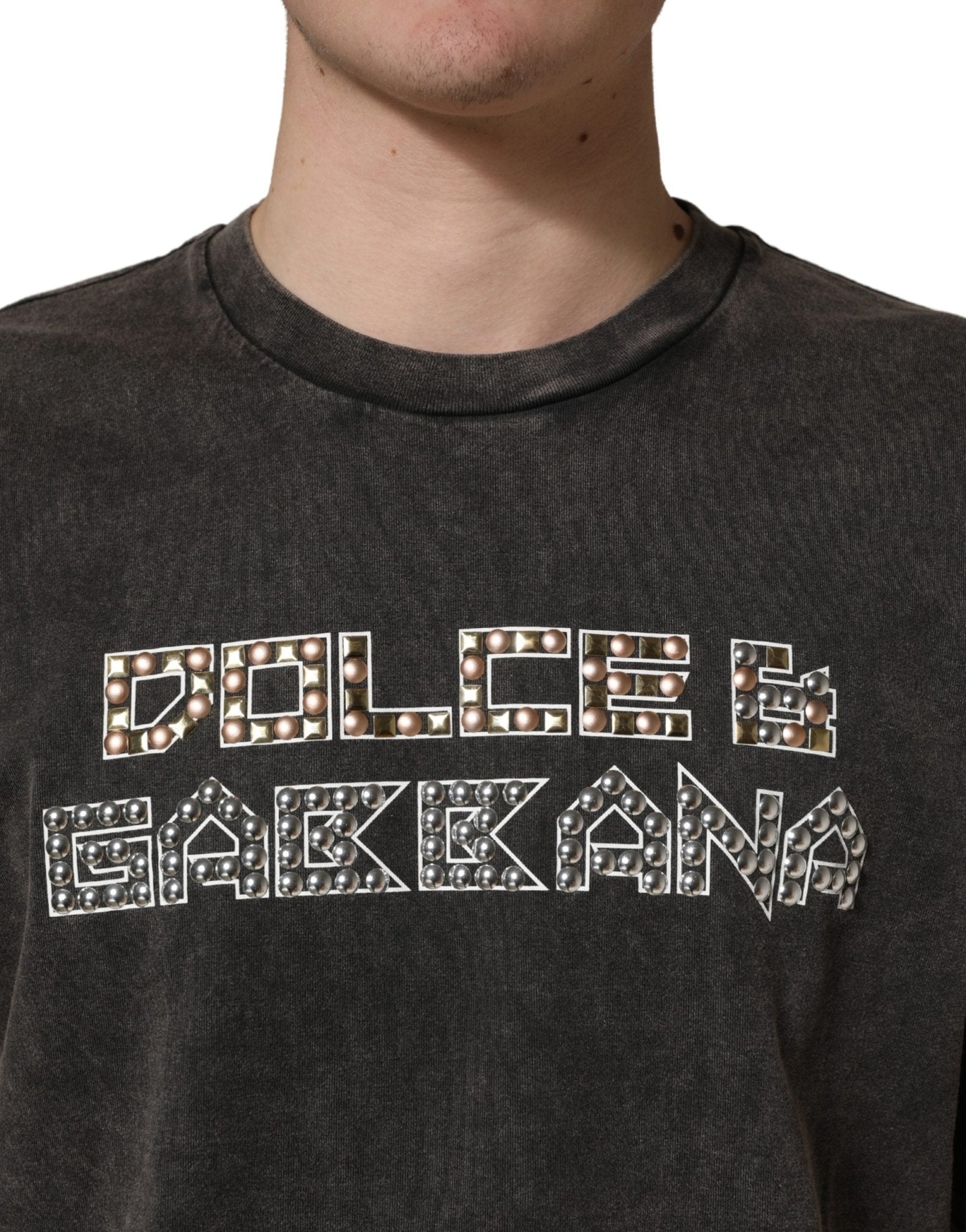 Dolce & Gabbana Gray Logo Embellished Men Crew Neck T-shirt - RIMODA
