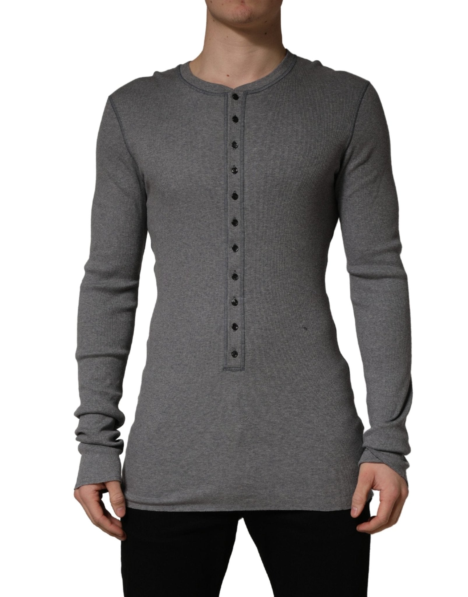 Dolce & Gabbana Gray Ribbed Cotton Long - Sleeve Henley T-shirt - RIMODA