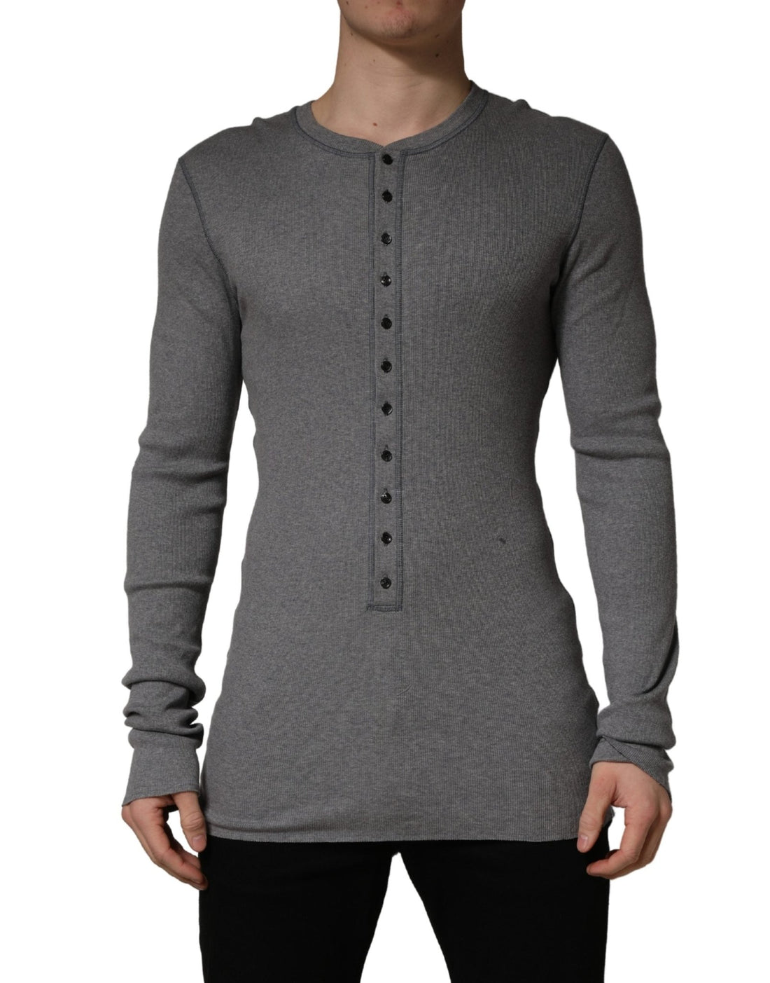 Dolce & Gabbana Gray Ribbed Cotton Long - Sleeve Henley T-shirt - RIMODA