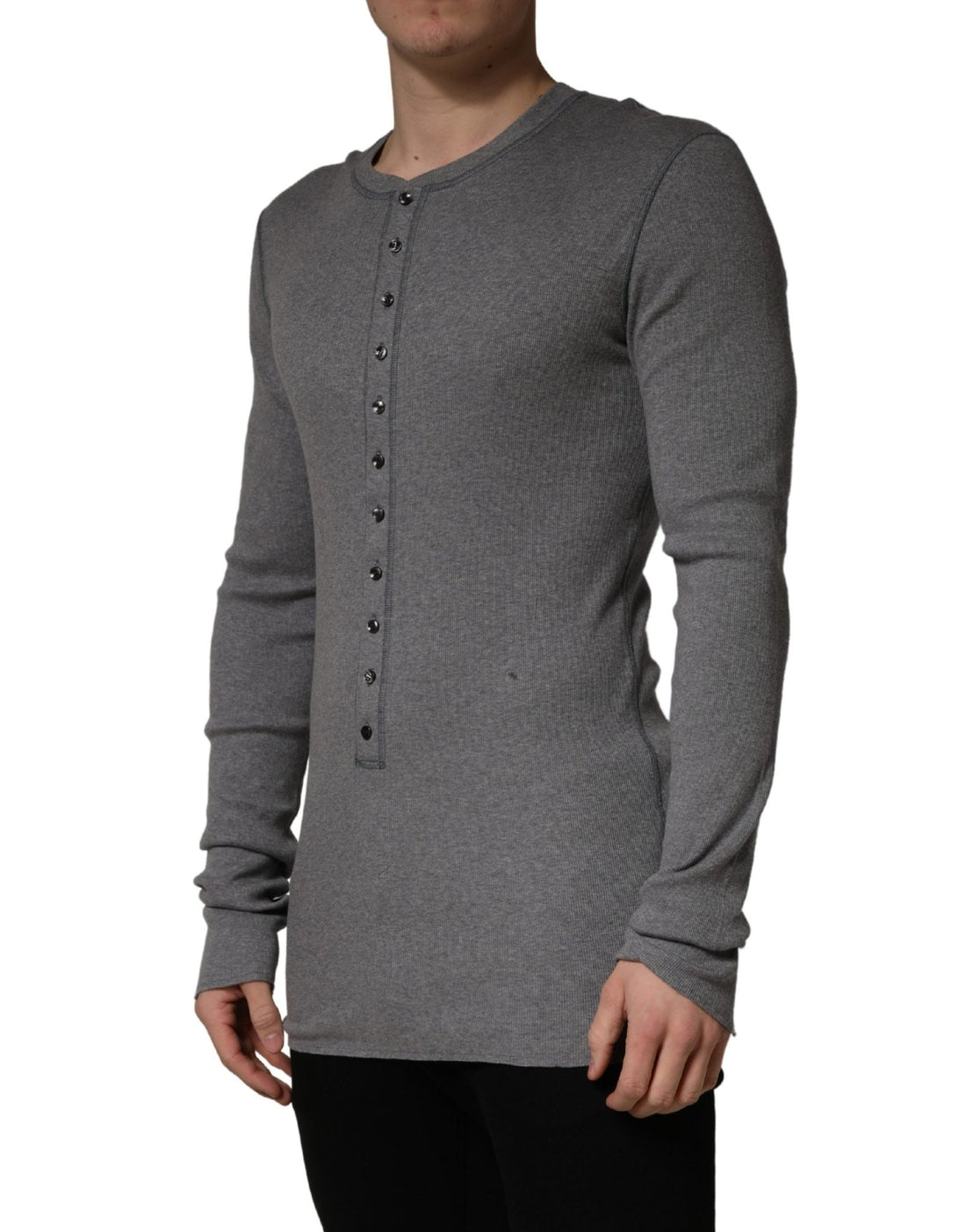 Dolce & Gabbana Gray Ribbed Cotton Long - Sleeve Henley T-shirt - RIMODA