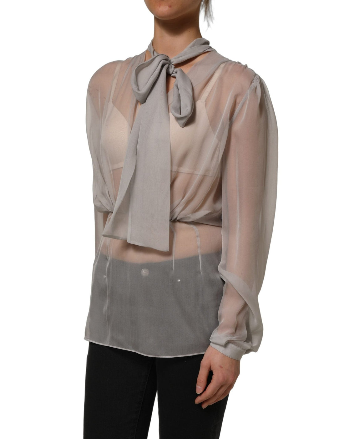 Dolce & Gabbana Gray Sheer Silk Chiffon Shirt Bow Collar Top - RIMODA
