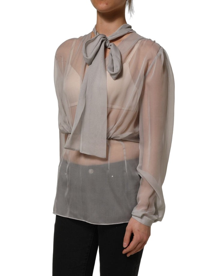 Dolce & Gabbana Gray Sheer Silk Chiffon Shirt Bow Collar Top - RIMODA