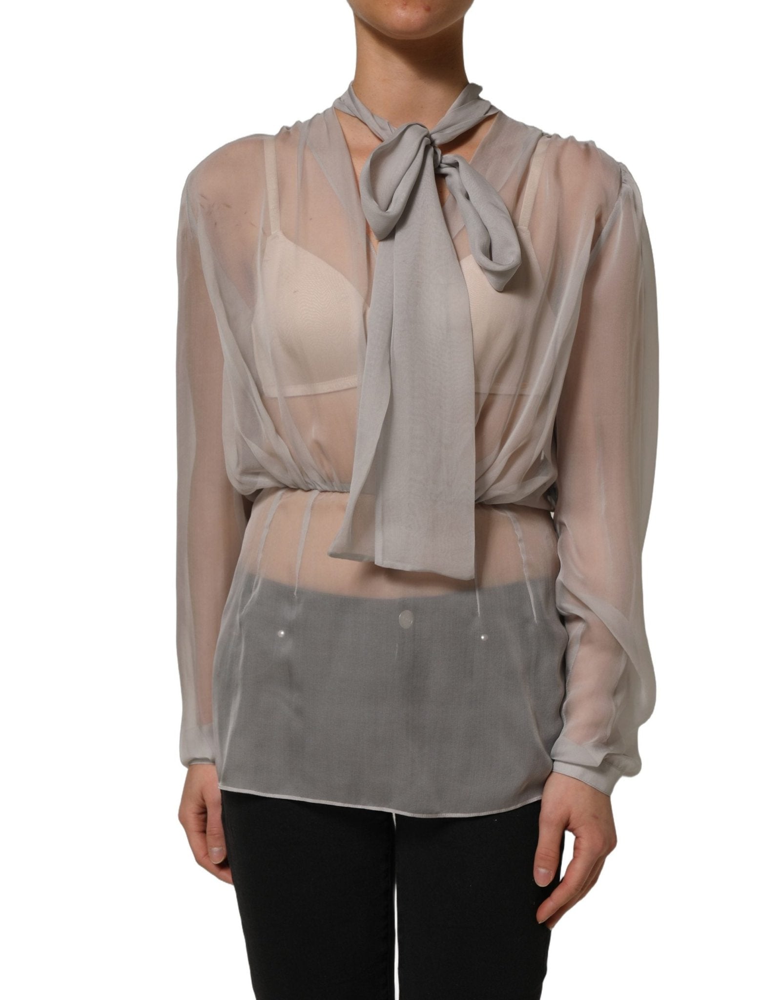 Dolce & Gabbana Gray Sheer Silk Chiffon Shirt Bow Collar Top - RIMODA