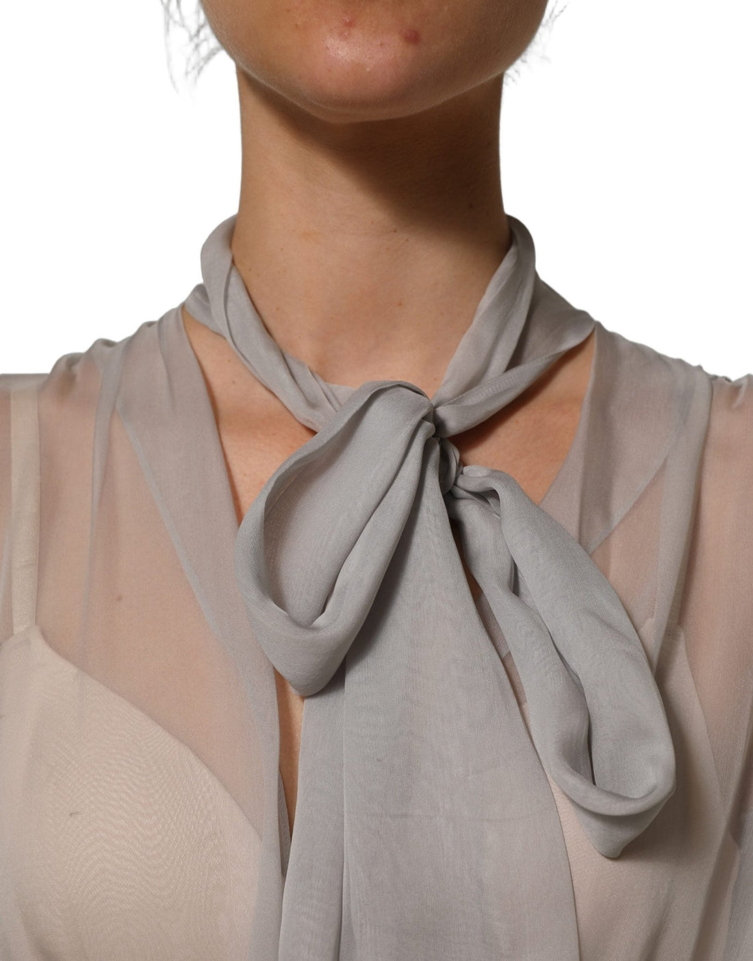 Dolce & Gabbana Gray Sheer Silk Chiffon Shirt Bow Collar Top - RIMODA