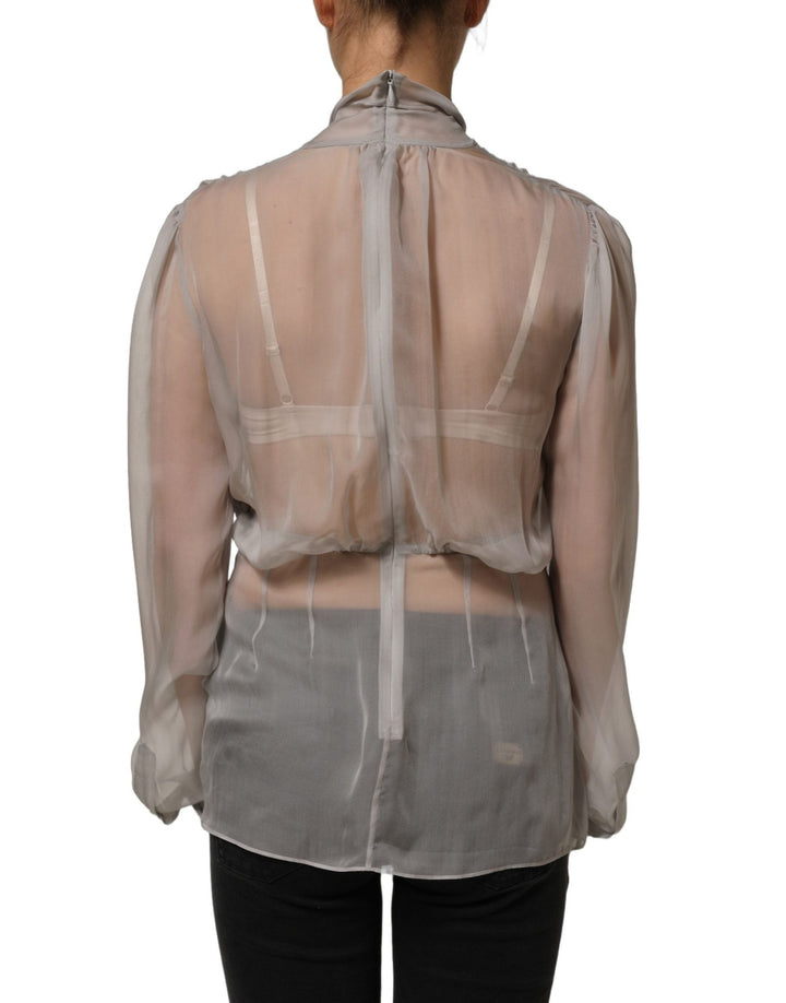 Dolce & Gabbana Gray Sheer Silk Chiffon Shirt Bow Collar Top - RIMODA