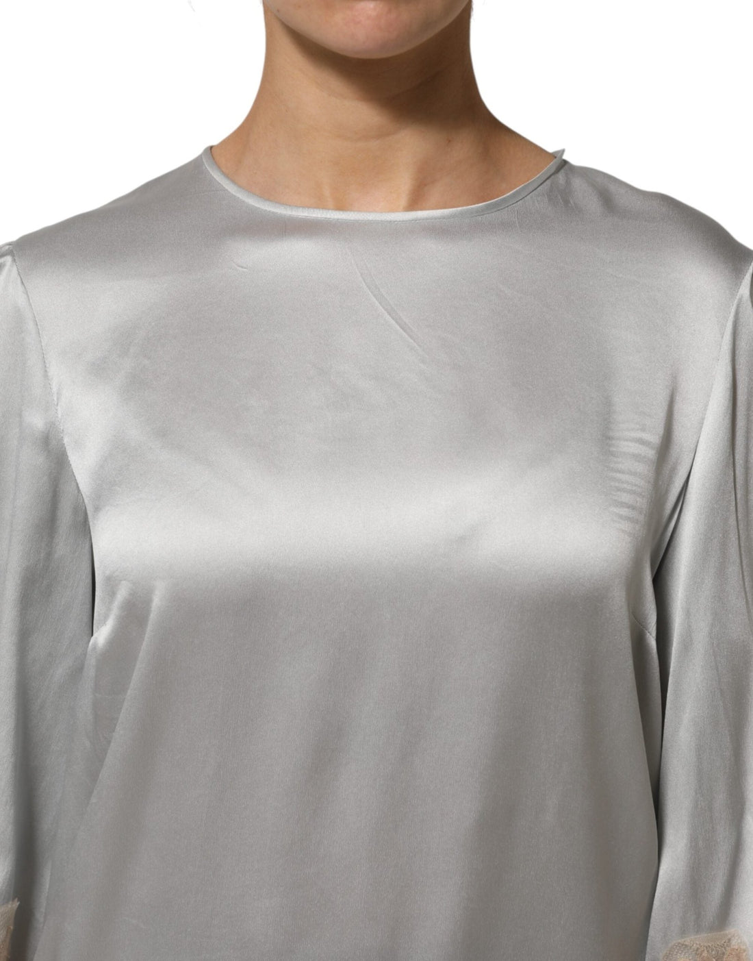 Dolce & Gabbana Gray Silk Satin Floral Lace Long Sleeve Top - RIMODA